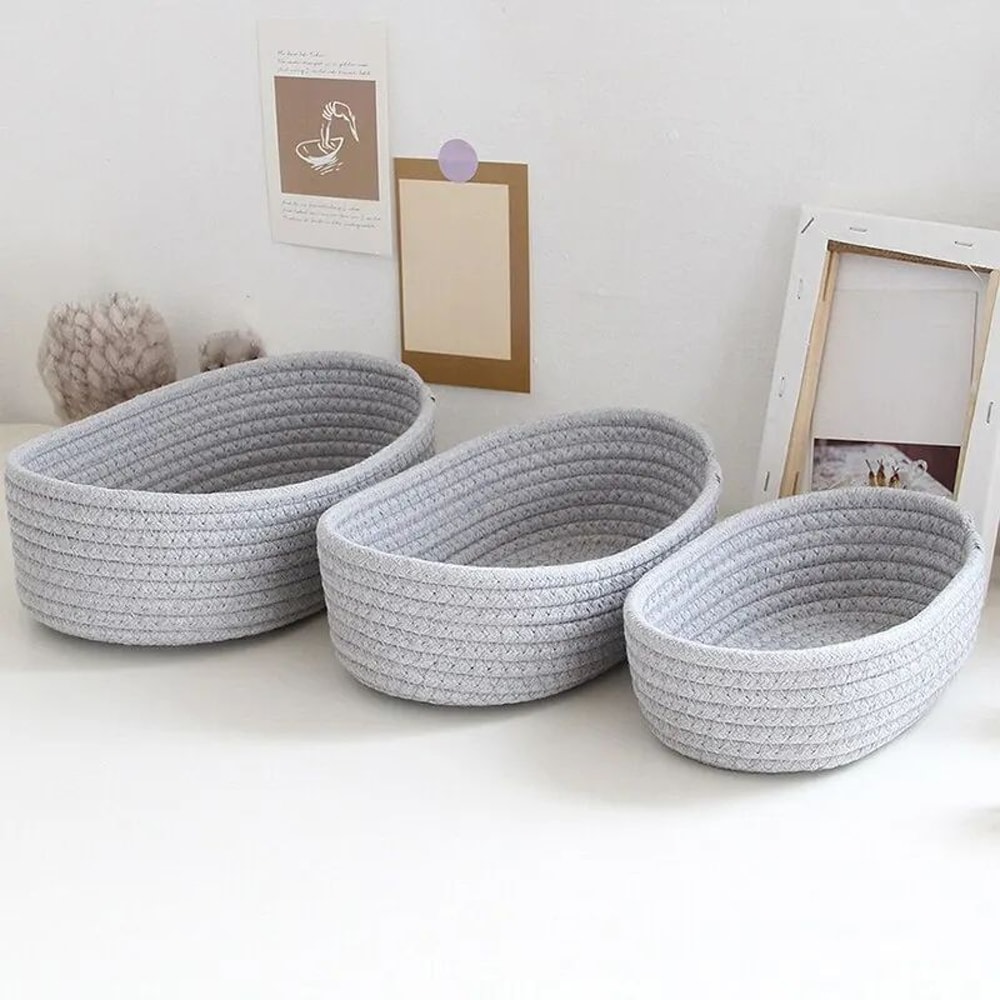 Hand Woven Cotton Rope Storage Basket Boat Shaped Organizer Bin For Toys Cosmetics Office Supplies 0