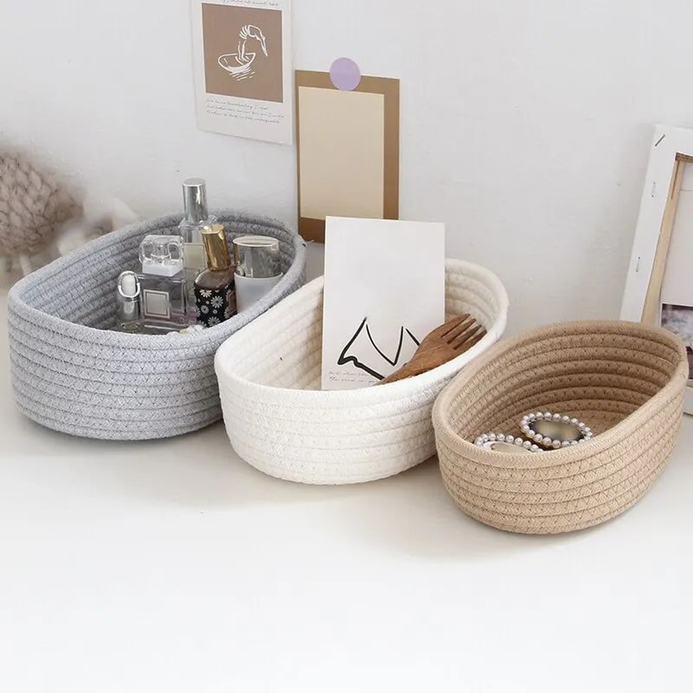 Hand Woven Cotton Rope Storage Basket Boat Shaped Organizer Bin For Toys Cosmetics Office Supplies 1