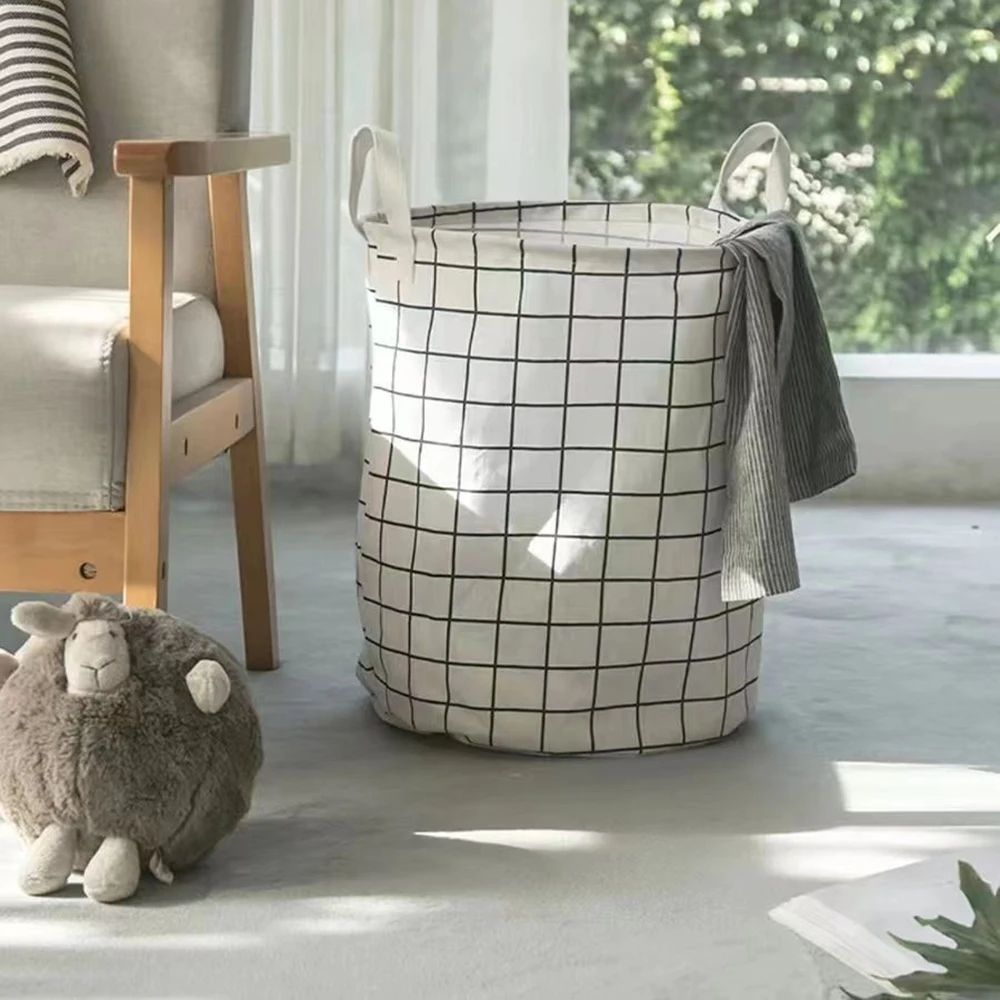 Large Foldable Cotton Linen Laundry Basket Waterproof Plaid Dirty Clothes Hamper Toy Storage Bin W 3