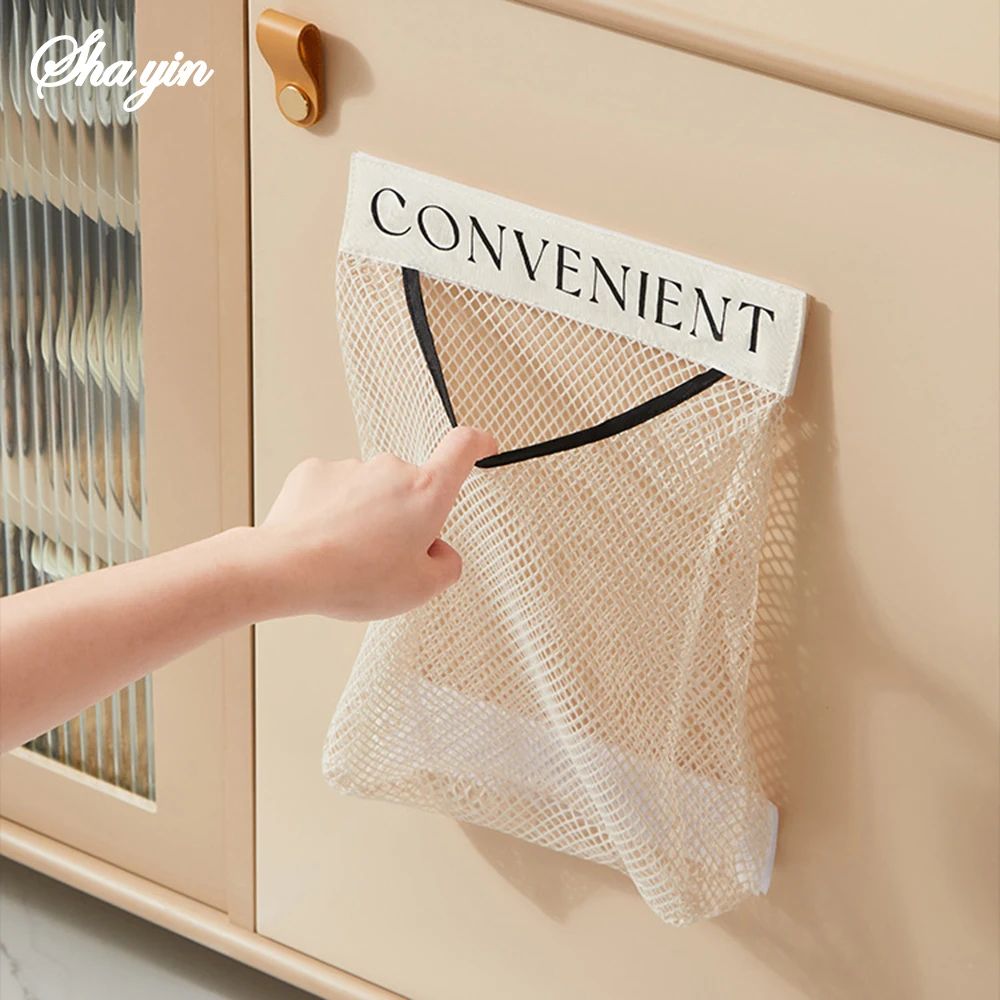 WallMounted Mesh Garbage Bag Holder Large Capacity Hanging Storage Organizer Net For Kitchen Bags 2