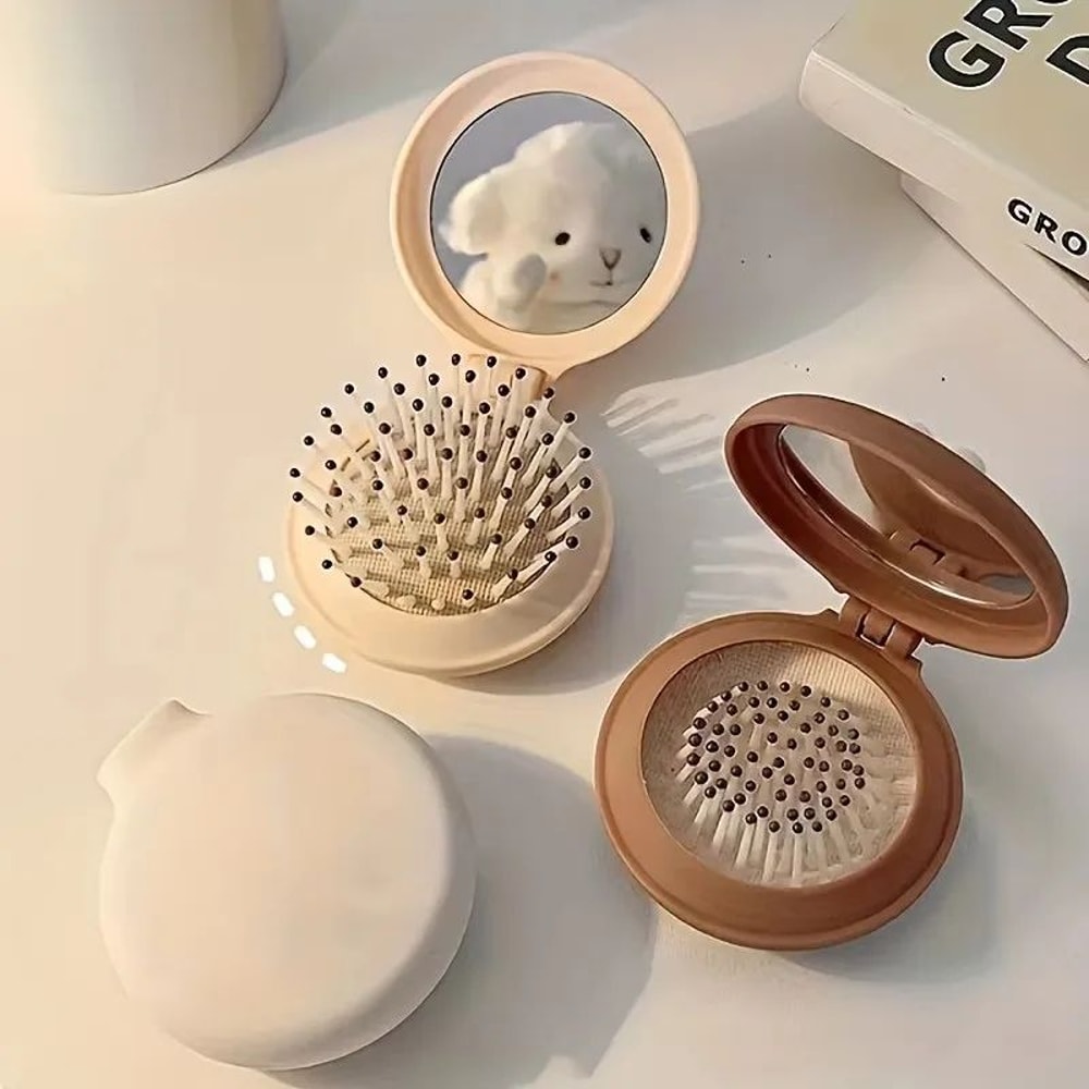 Mini Folding Travel Hair Brush With Mirror Lightweight Portable Pocket Comb For Women Dual Fold Han 0