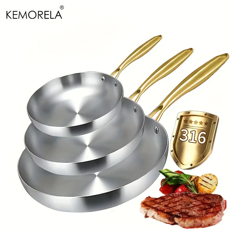 KEMORELA 3 Pcs 316 Stainless Steel Nonstick Frying Pan Set Gold Handle 5 Ply Wok Pans 2mm Thick Ind 0
