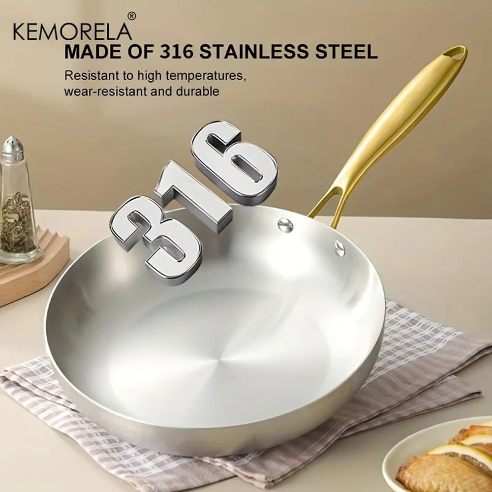 KEMORELA 3 Pcs 316 Stainless Steel Nonstick Frying Pan Set Gold Handle 5 Ply Wok Pans 2mm Thick Ind 2