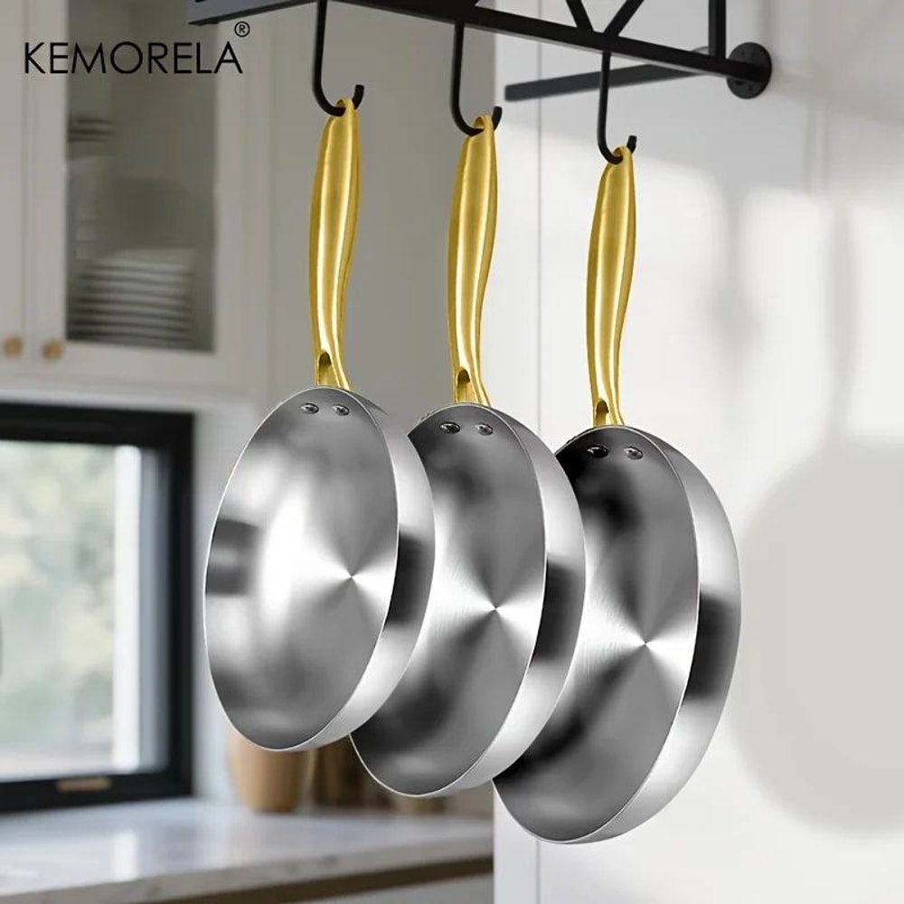 KEMORELA 3 Pcs 316 Stainless Steel Nonstick Frying Pan Set Gold Handle 5 Ply Wok Pans 2mm Thick Ind 3