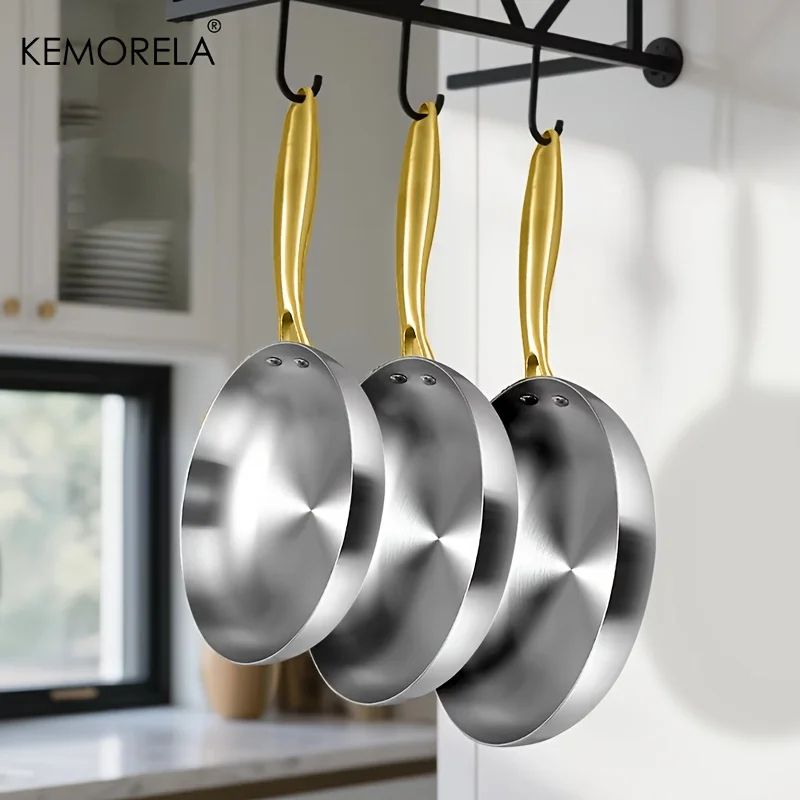 KEMORELA 3 Pcs 316 Stainless Steel Nonstick Frying Pan Set Gold Handle 5 Ply Wok Pans 2mm Thick Ind 3