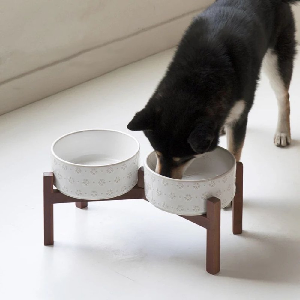 Elevated Ceramic Dog Bowl Set With Wooden Stand AntiSlip Double Food Water Feeder For Medium Large 1