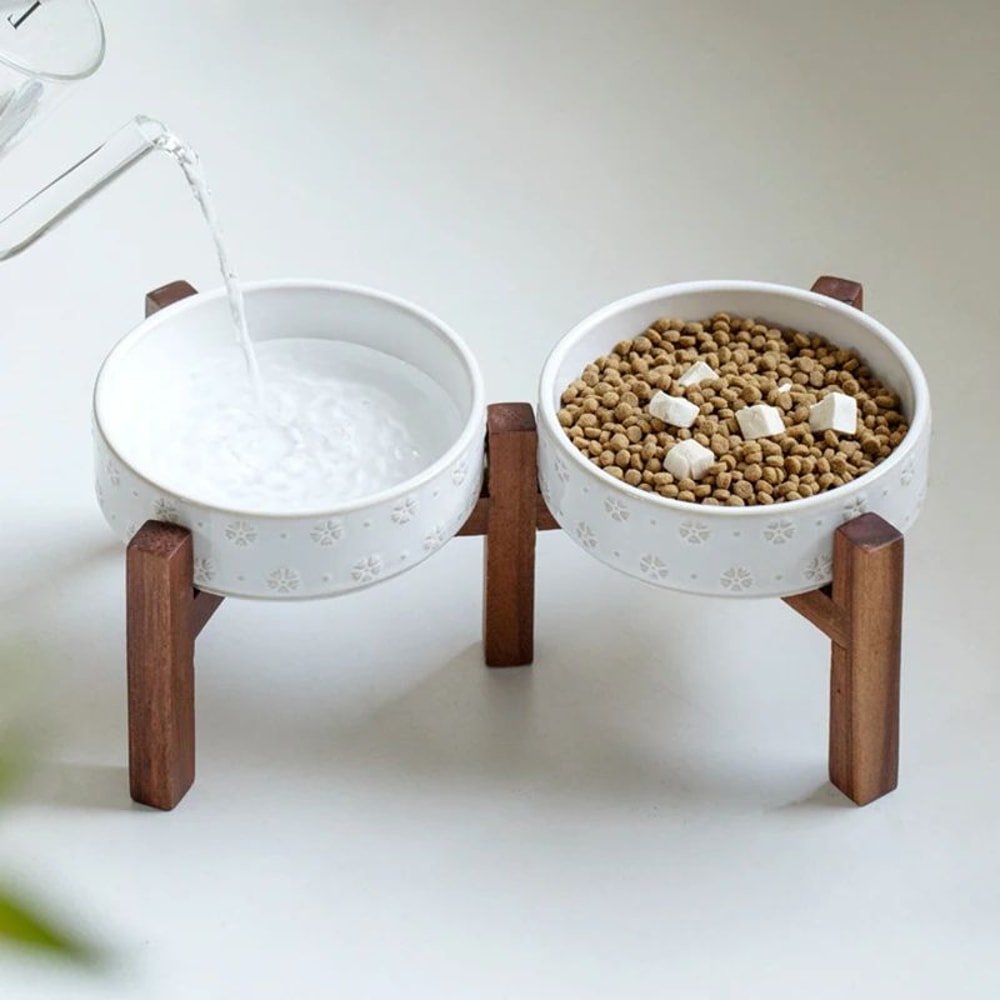 Elevated Ceramic Dog Bowl Set With Wooden Stand AntiSlip Double Food Water Feeder For Medium Large 2
