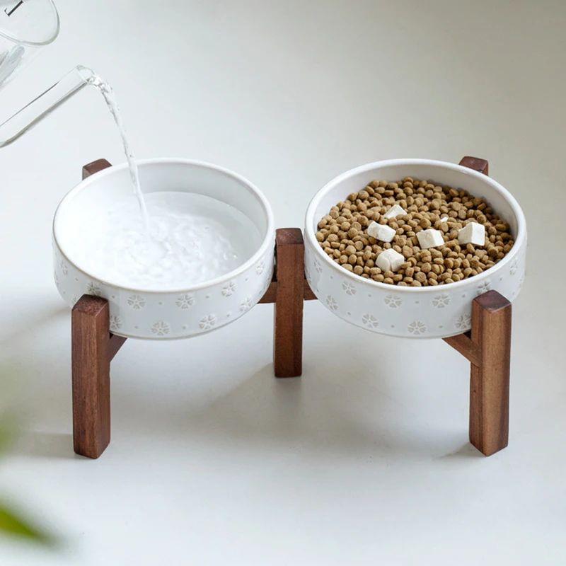 Elevated Ceramic Dog Bowl Set With Wooden Stand AntiSlip Double Food Water Feeder For Medium Large 2