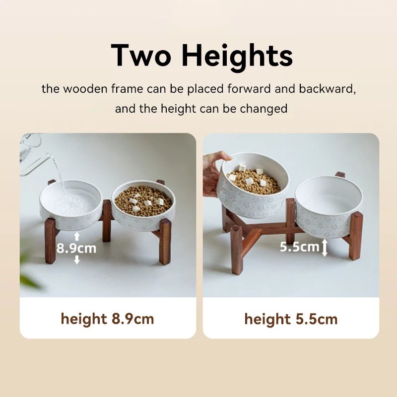 Elevated Ceramic Dog Bowl Set With Wooden Stand AntiSlip Double Food Water Feeder For Medium Large 5