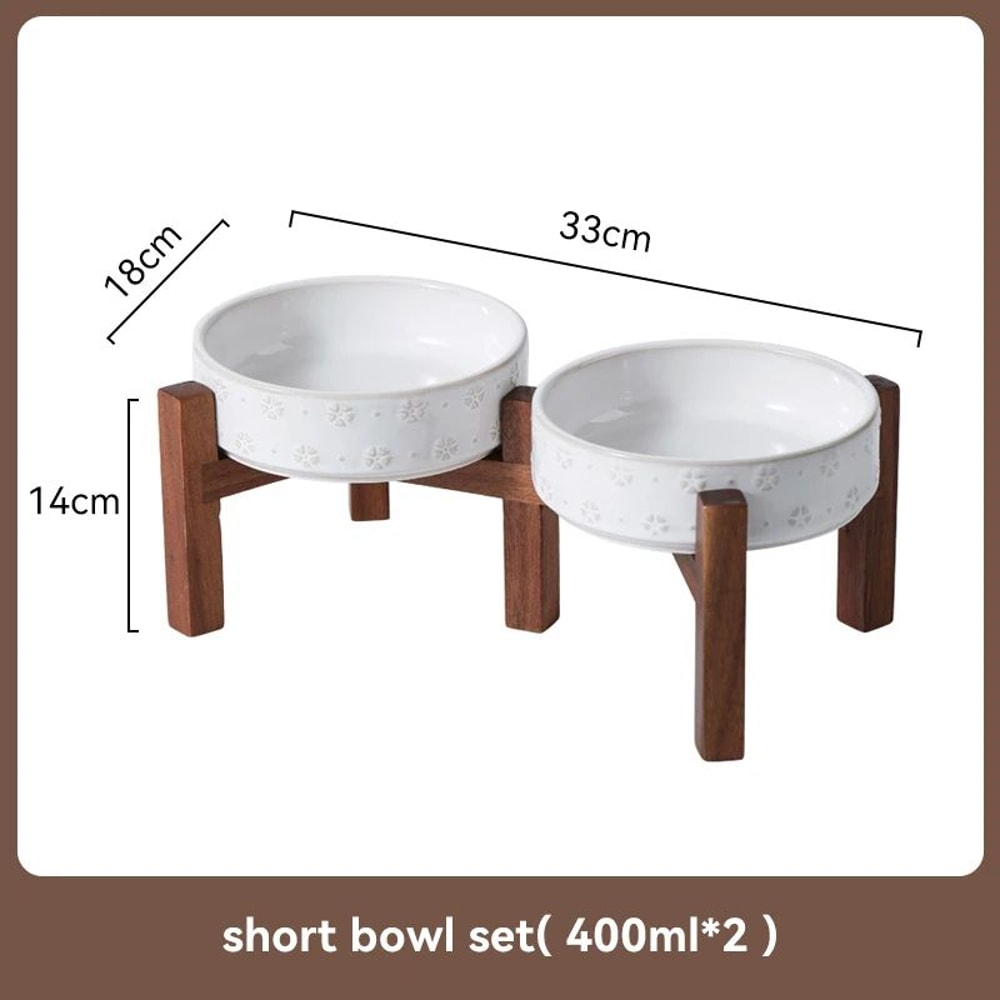 Elevated Ceramic Dog Bowl Set With Wooden Stand AntiSlip Double Food Water Feeder For Medium Large 14
