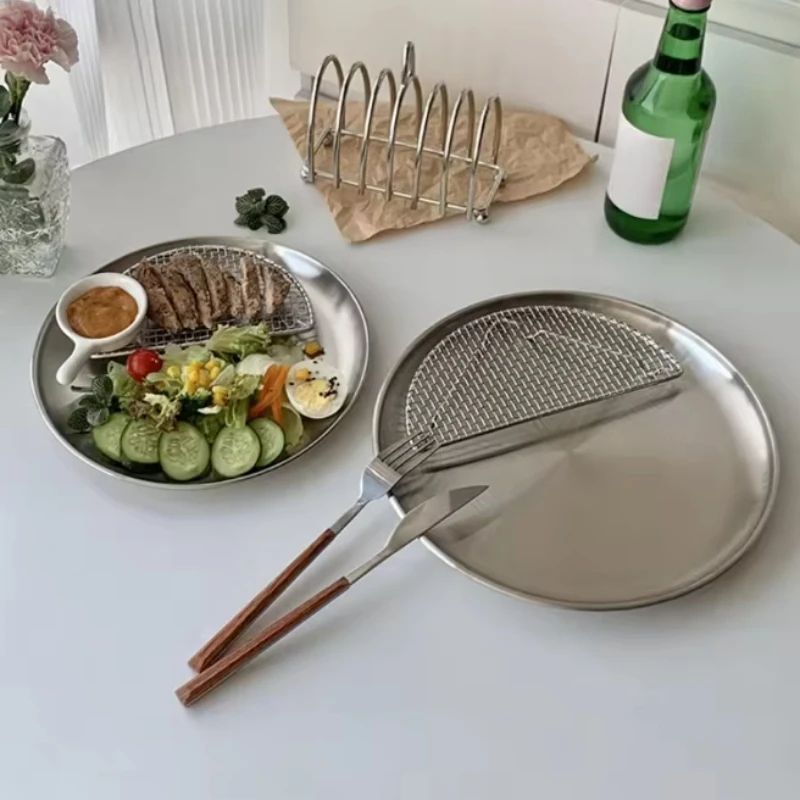 Stainless Steel Dinner Plate Round Stackable Serving Tray Reusable Metal Dessert BBQ Plate For Ca 2
