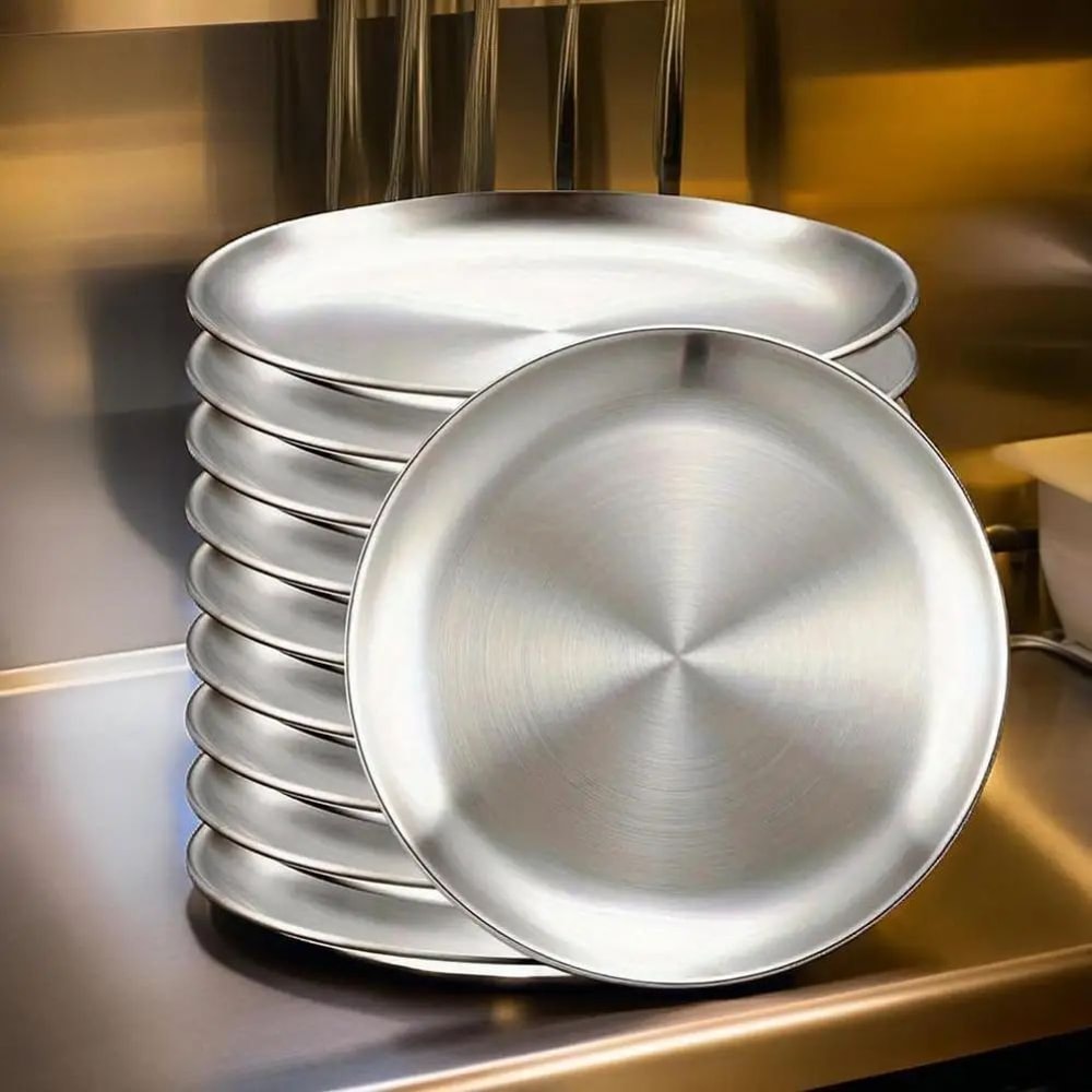 Stainless Steel Dinner Plate Round Stackable Serving Tray Reusable Metal Dessert BBQ Plate For Ca 4