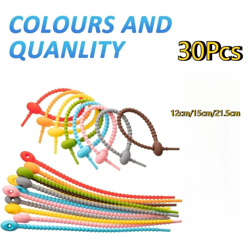 30 Pcs Reusable Silicone Zip Ties Bag Clips MultiPurpose Cable Organizer Straps For Cords Snacks 1