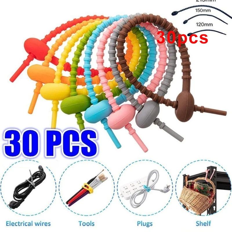 30 Pcs Reusable Silicone Zip Ties Bag Clips MultiPurpose Cable Organizer Straps For Cords Snacks 0