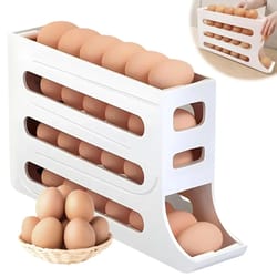 auto rolling egg holder for fridge 4 tier refrigerator egg organizer, space saving egg container dispenser holds 30