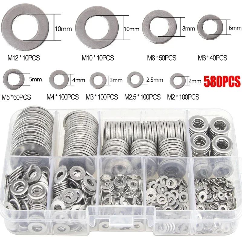 Stainless Steel Flat Washer Assortment Kit 180580pcs M2M12 Rings Gaskets For Screws Bolts Fasteners