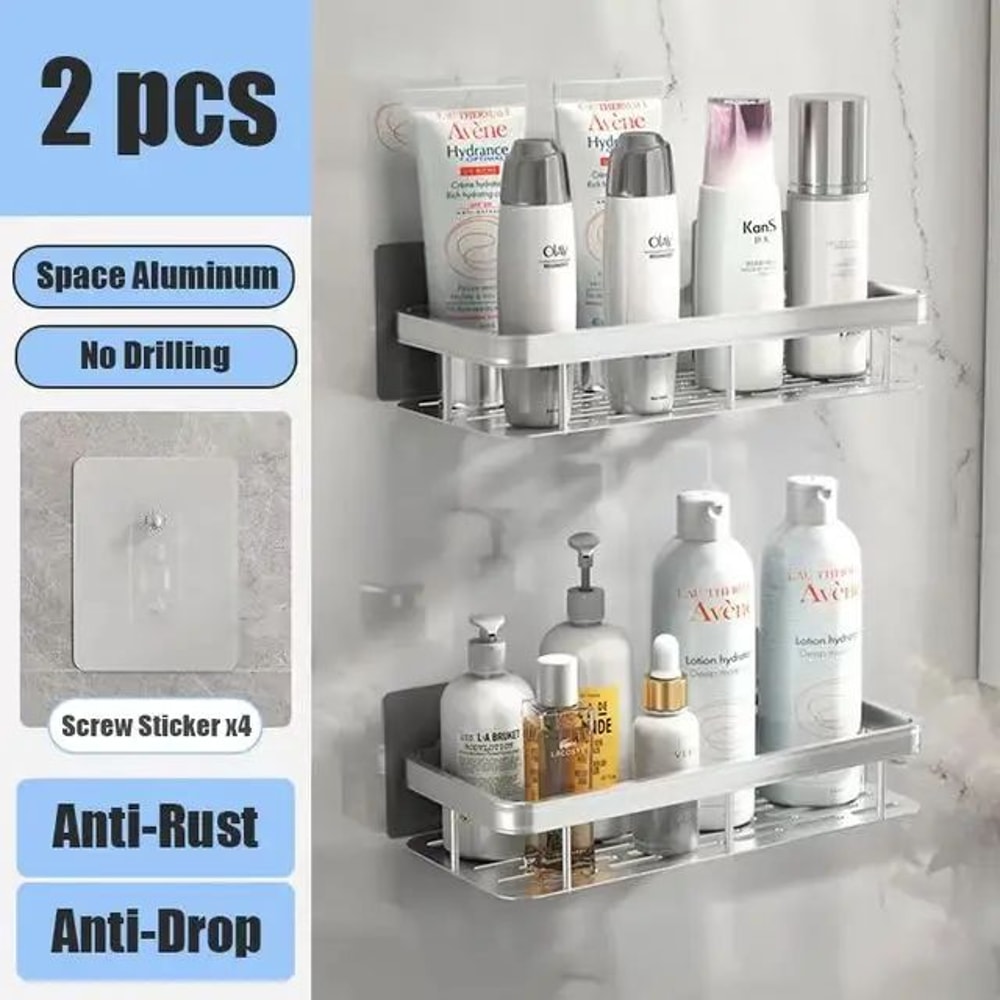 No Drill Bathroom Shower Shelf Wall Mounted Aluminum Shampoo Bottle Holder Corner Storage Rack For 15