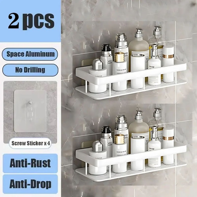 No Drill Bathroom Shower Shelf Wall Mounted Aluminum Shampoo Bottle Holder Corner Storage Rack For 19