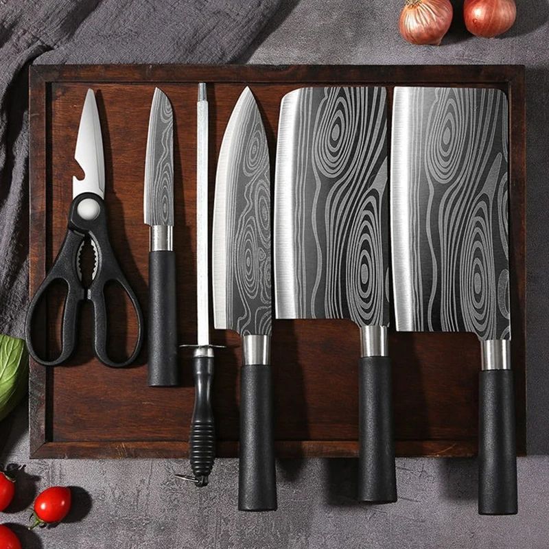 Laser Damascus Pattern Chef Knife Set With Scissors And Sharpening Rod Stainless Steel Kitchen Kniv 0