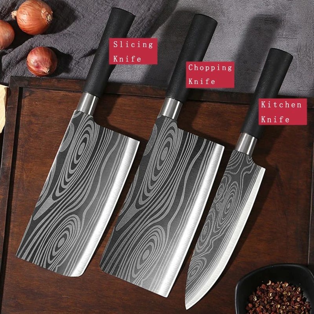 Laser Damascus Pattern Chef Knife Set With Scissors And Sharpening Rod Stainless Steel Kitchen Kniv 9