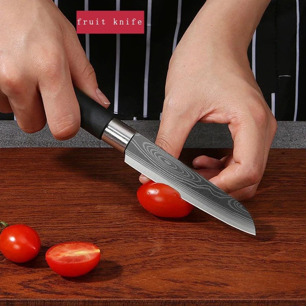 Laser Damascus Pattern Chef Knife Set With Scissors And Sharpening Rod Stainless Steel Kitchen Kniv 10