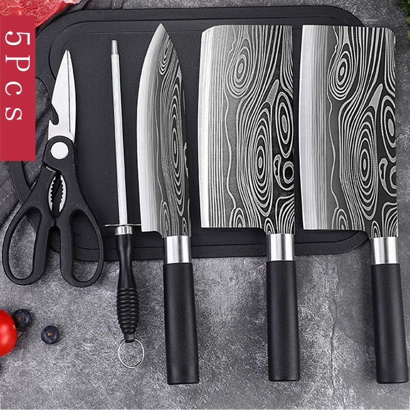 Laser Damascus Pattern Chef Knife Set With Scissors And Sharpening Rod Stainless Steel Kitchen Kniv 11