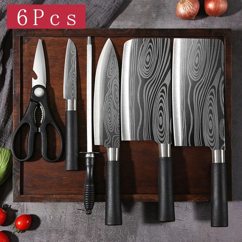 Laser Damascus Pattern Chef Knife Set With Scissors And Sharpening Rod Stainless Steel Kitchen Kniv 12