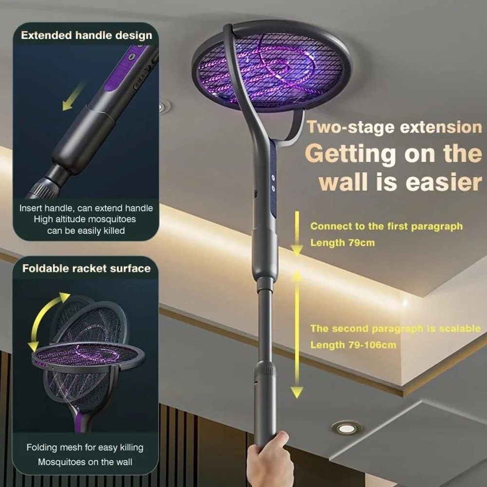 2800V Electric Mosquito Swatter Rechargeable Mosquito Racket With Extension Handle 5Layer Safety Pr 0