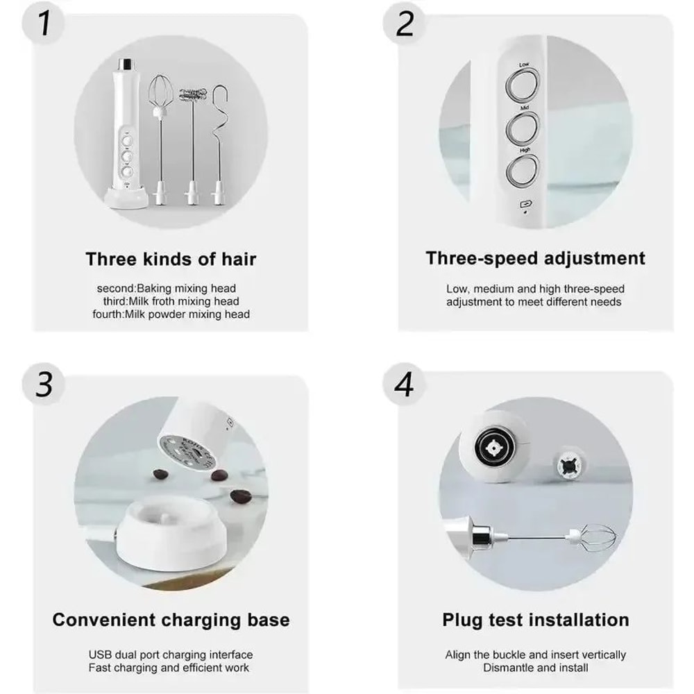 Handheld Electric Milk Frother 3in1 Rechargeable Milk Foam Maker 3Speed Adjustable Mini Mixer 4