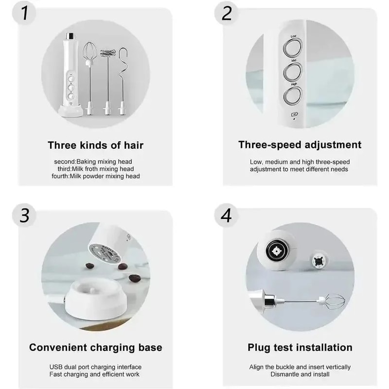Handheld Electric Milk Frother 3in1 Rechargeable Milk Foam Maker 3Speed Adjustable Mini Mixer 4