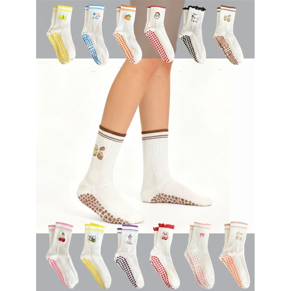 Womens Knitted Embroidered NonSlip Yoga Socks EU 3643 Silicone Grip Pilates Fitness MidCalf Socks 0
