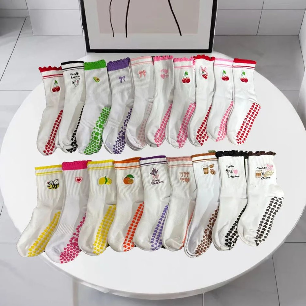 Womens Knitted Embroidered NonSlip Yoga Socks EU 3643 Silicone Grip Pilates Fitness MidCalf Socks 4