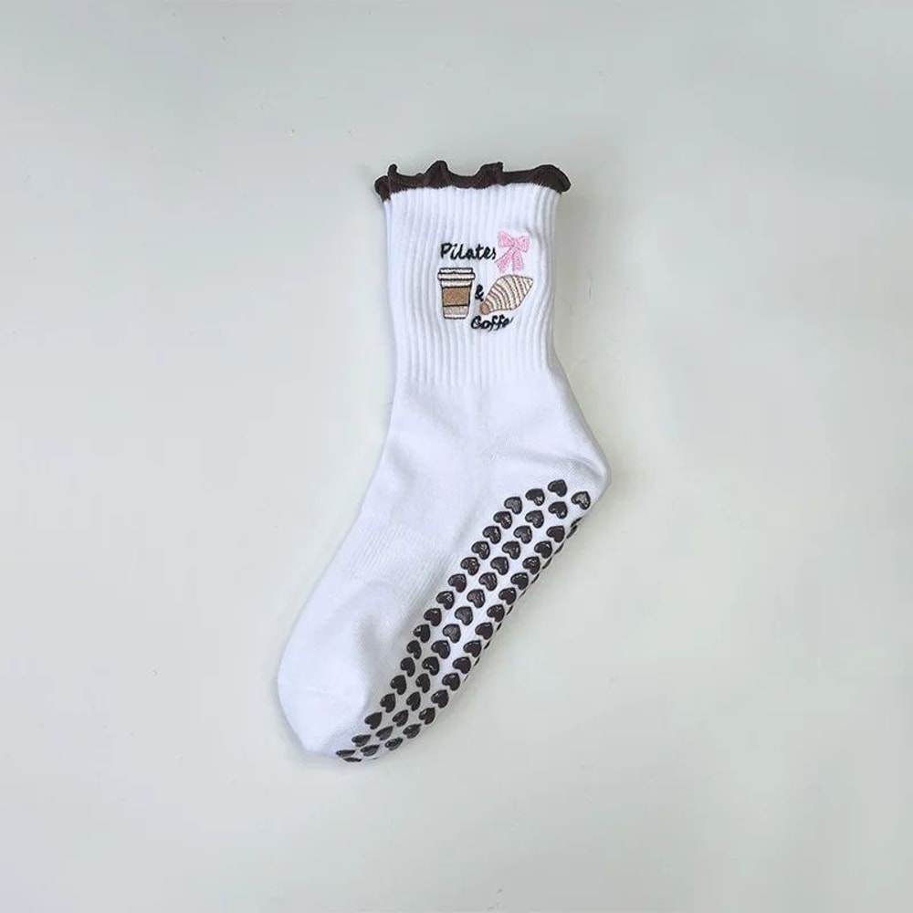Womens Knitted Embroidered NonSlip Yoga Socks EU 3643 Silicone Grip Pilates Fitness MidCalf Socks 8