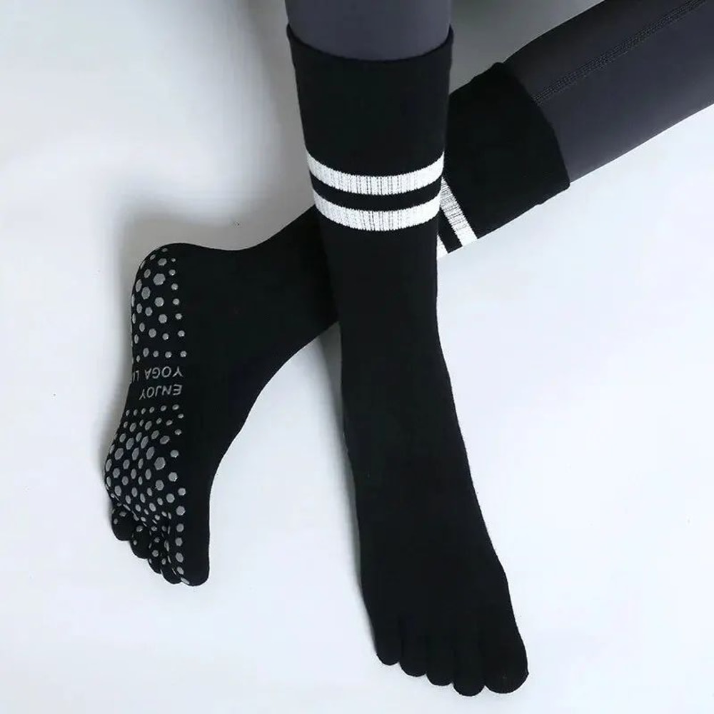 Womens Breathable FiveToe NonSlip Yoga Socks MidCalf Cotton Pilates Ballet Grip Floor Socks US 45 3