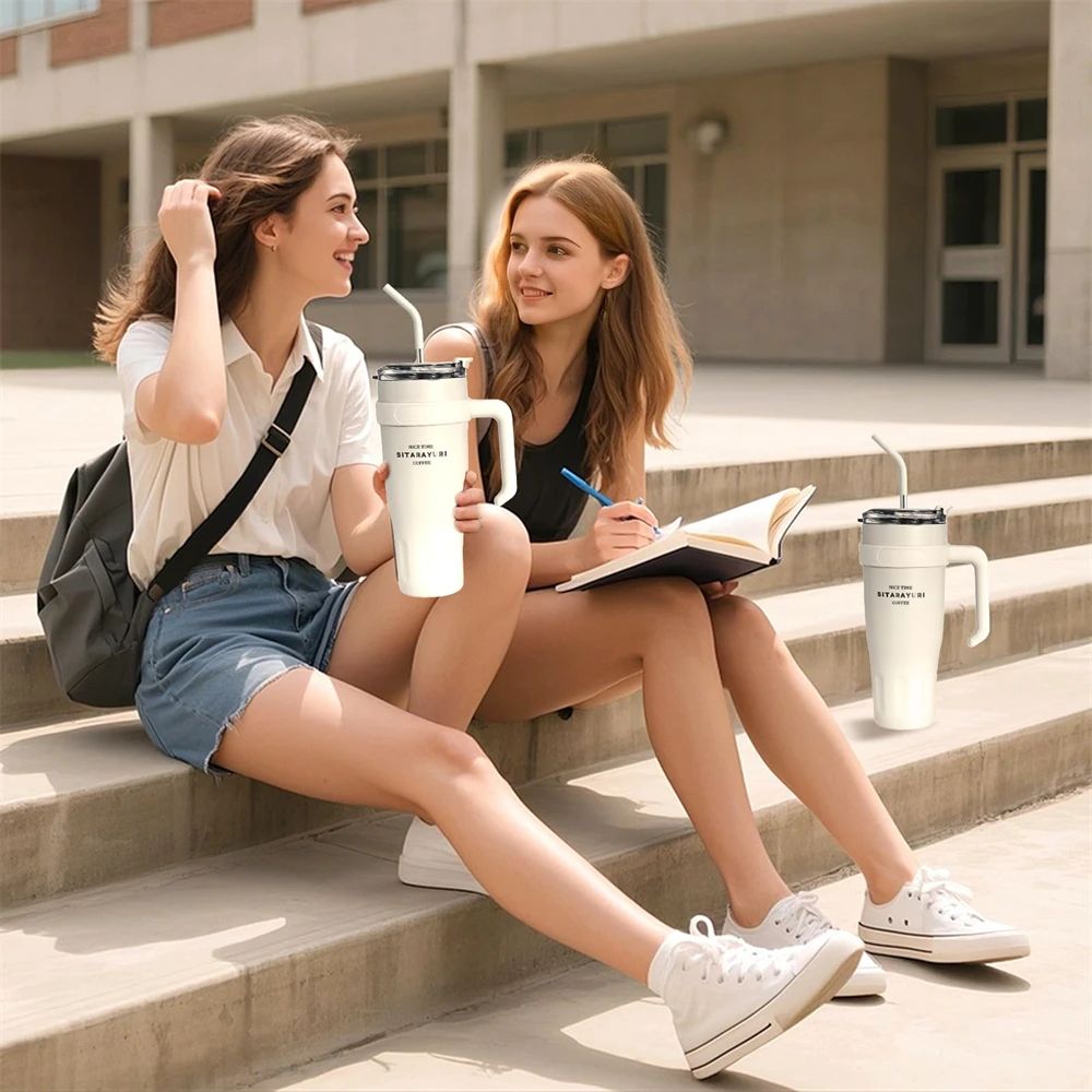 Stainless Steel Insulated Ice Tumbler Large Capacity Vacuum Flask With Handle Straw For 24Hour Co 2