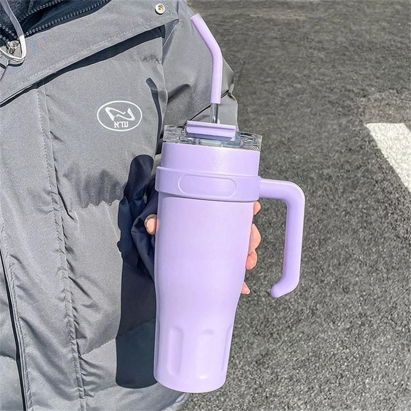 Stainless Steel Insulated Ice Tumbler Large Capacity Vacuum Flask With Handle Straw For 24Hour Co 9