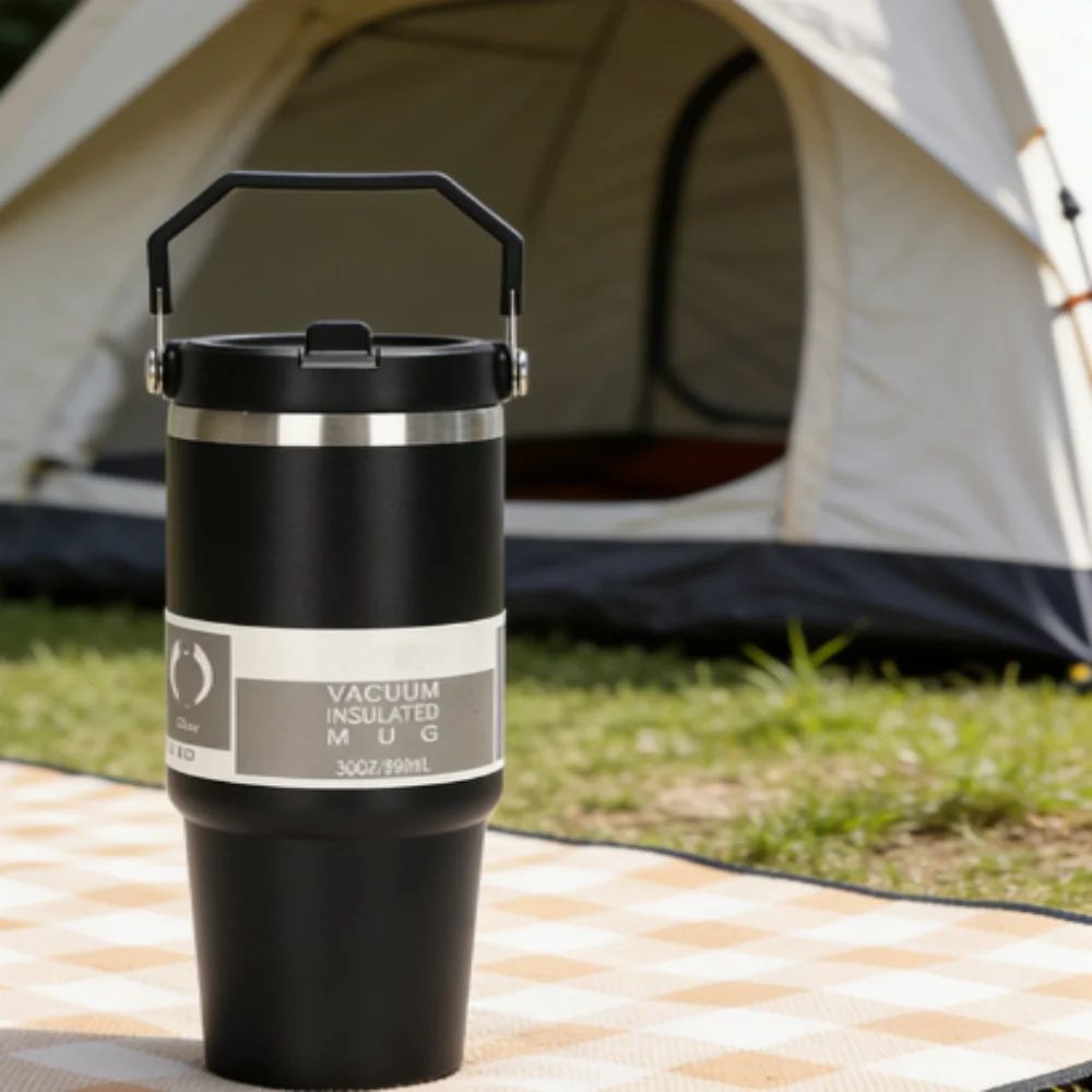 Stainless Steel Insulated Car Tumbler With Handle Straw Double Wall Vacuum Travel Water Bottle 2