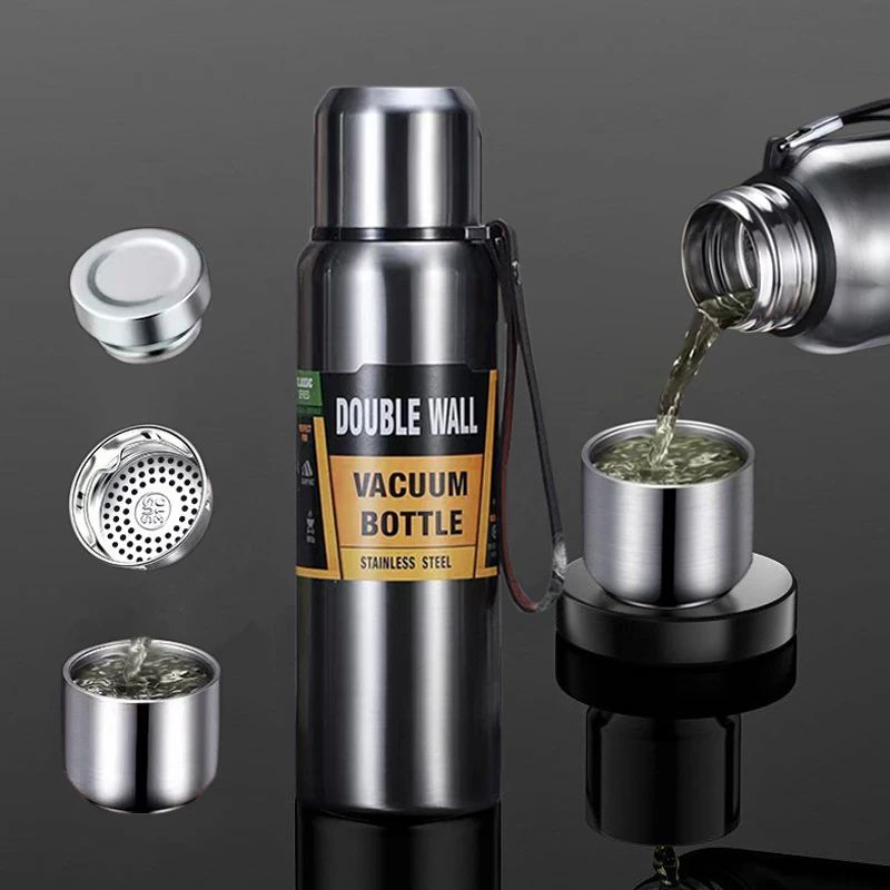 Stainless Steel Vacuum Thermos Bottle With Strainer Large Capacity Insulated Tumbler With Carry Ro 4