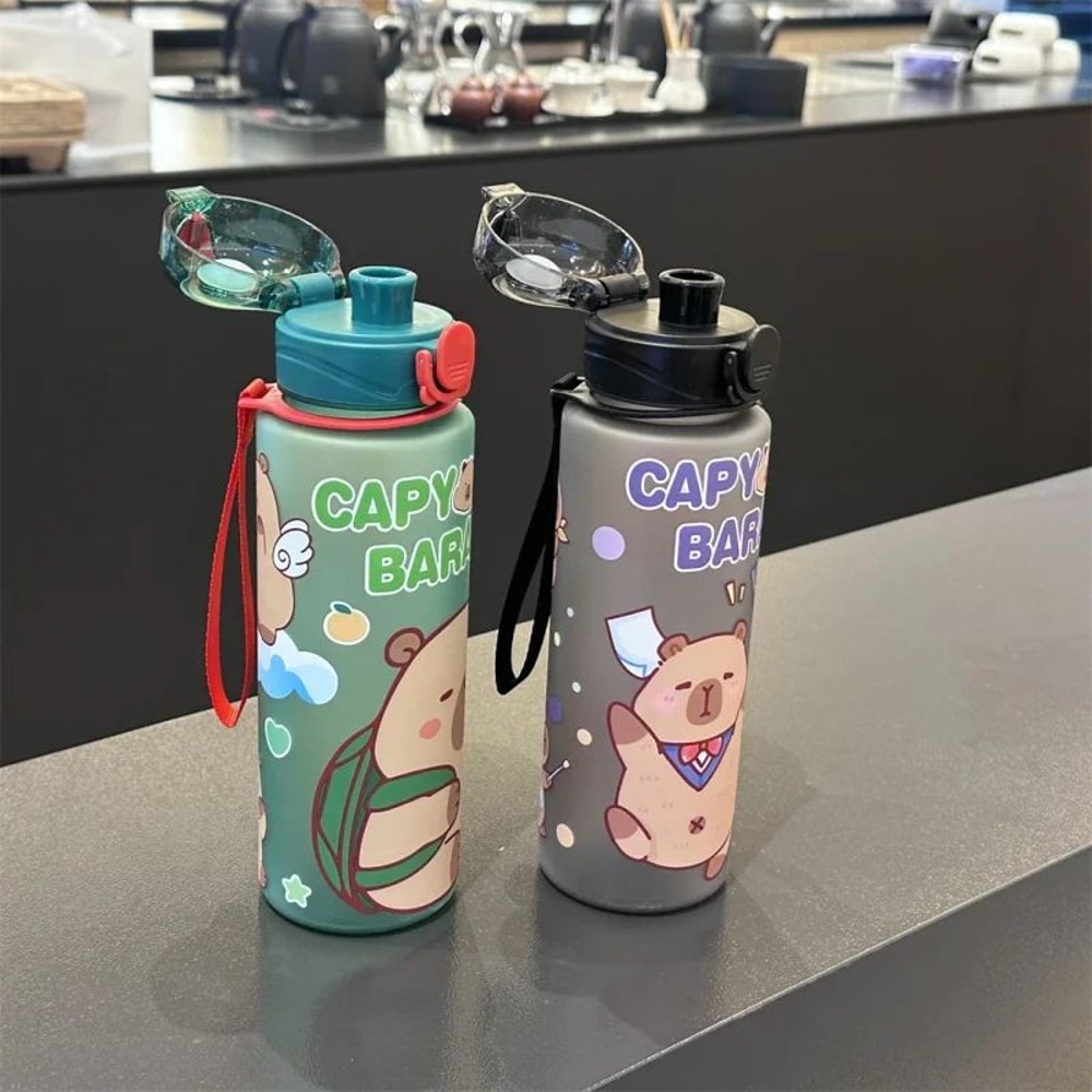 Cute Cartoon Capybara Water Bottle 2536 Oz Leakproof Plastic Straw Sports Cup With Carry Strap 2