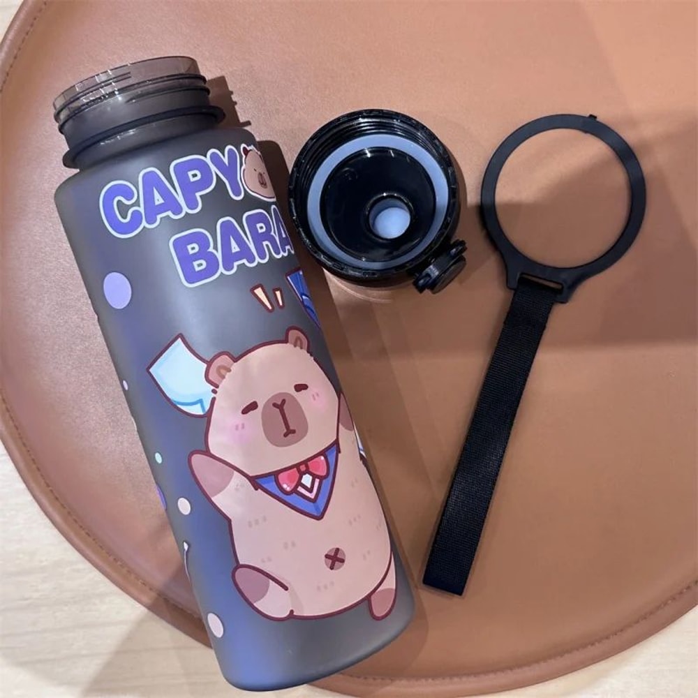 Cute Cartoon Capybara Water Bottle 2536 Oz Leakproof Plastic Straw Sports Cup With Carry Strap 4