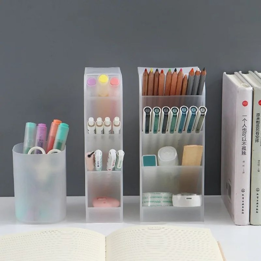 Matte Transparent Large Capacity Pen Holder Oblique Desktop Stationery Makeup Brush Storage Organ 0
