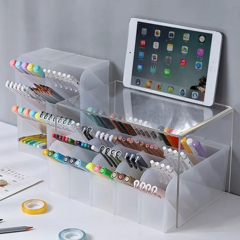 Matte Transparent Large Capacity Pen Holder Oblique Desktop Stationery Makeup Brush Storage Organ 1