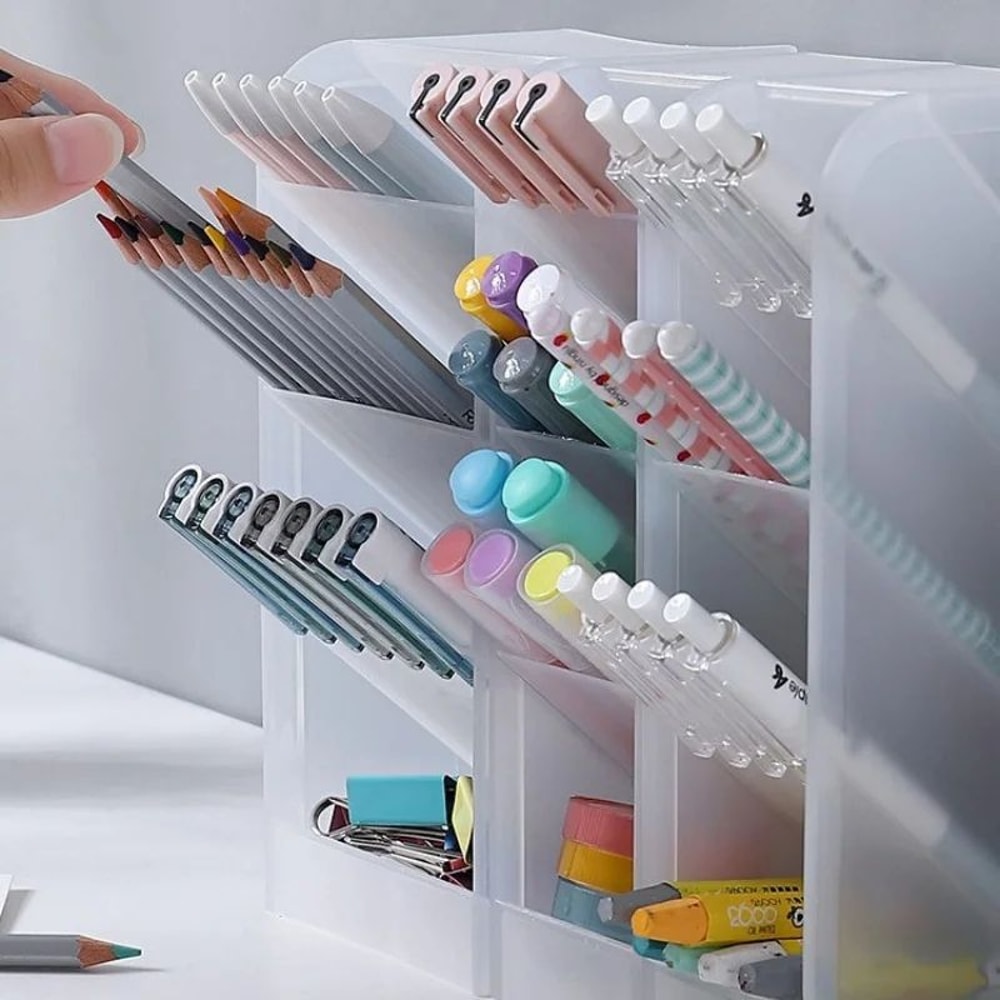 Matte Transparent Large Capacity Pen Holder Oblique Desktop Stationery Makeup Brush Storage Organ 2