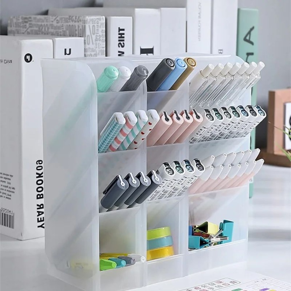 Matte Transparent Large Capacity Pen Holder Oblique Desktop Stationery Makeup Brush Storage Organ 3