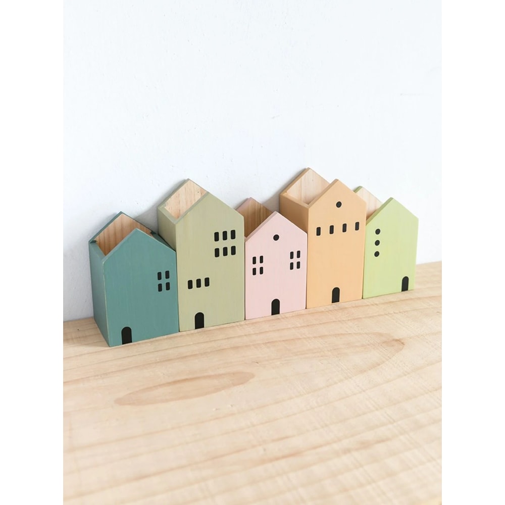 Cartoon House Wooden Pen Holder Handcrafted Desktop Stationery Makeup Brush Storage Organizer 2