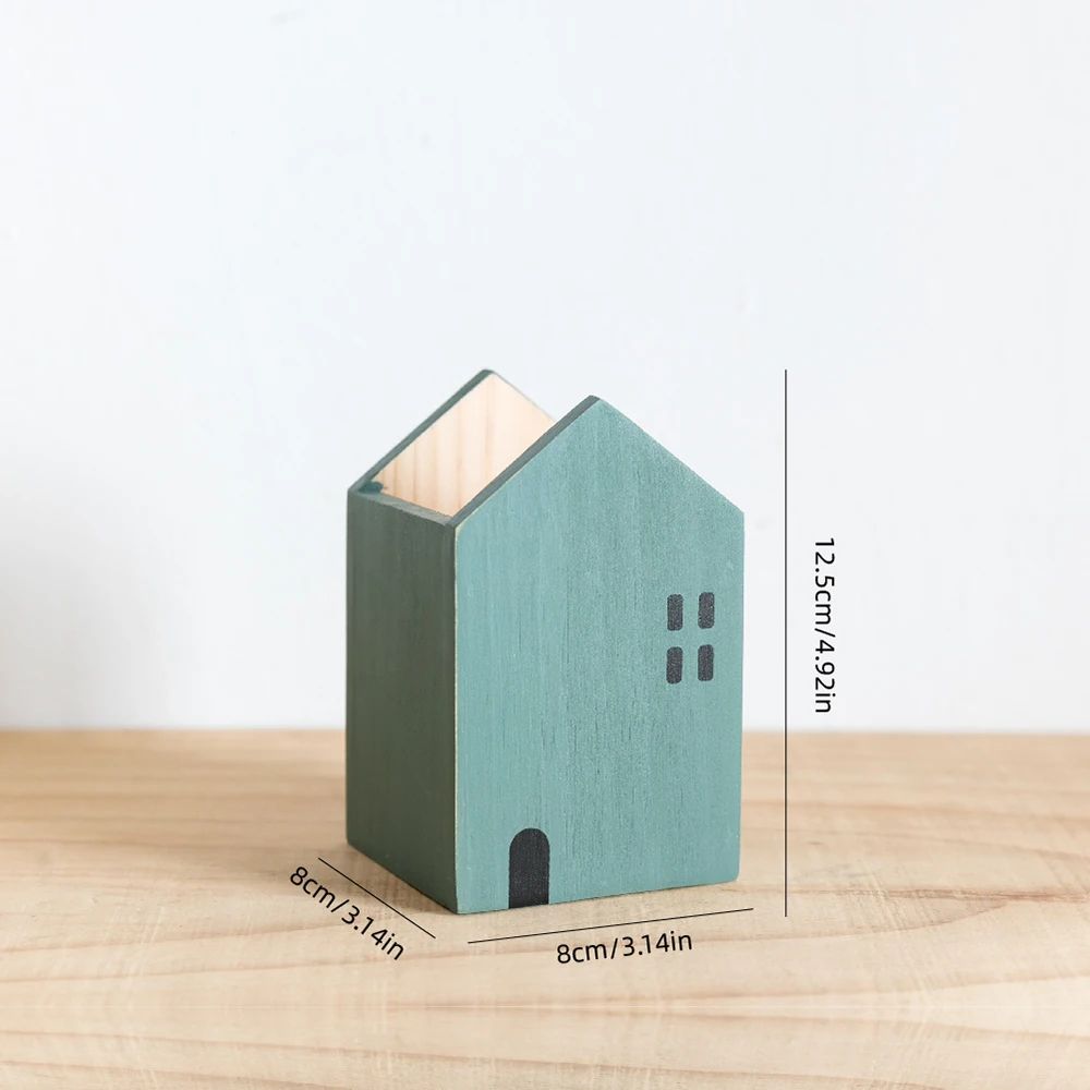 Cartoon House Wooden Pen Holder Handcrafted Desktop Stationery Makeup Brush Storage Organizer 7