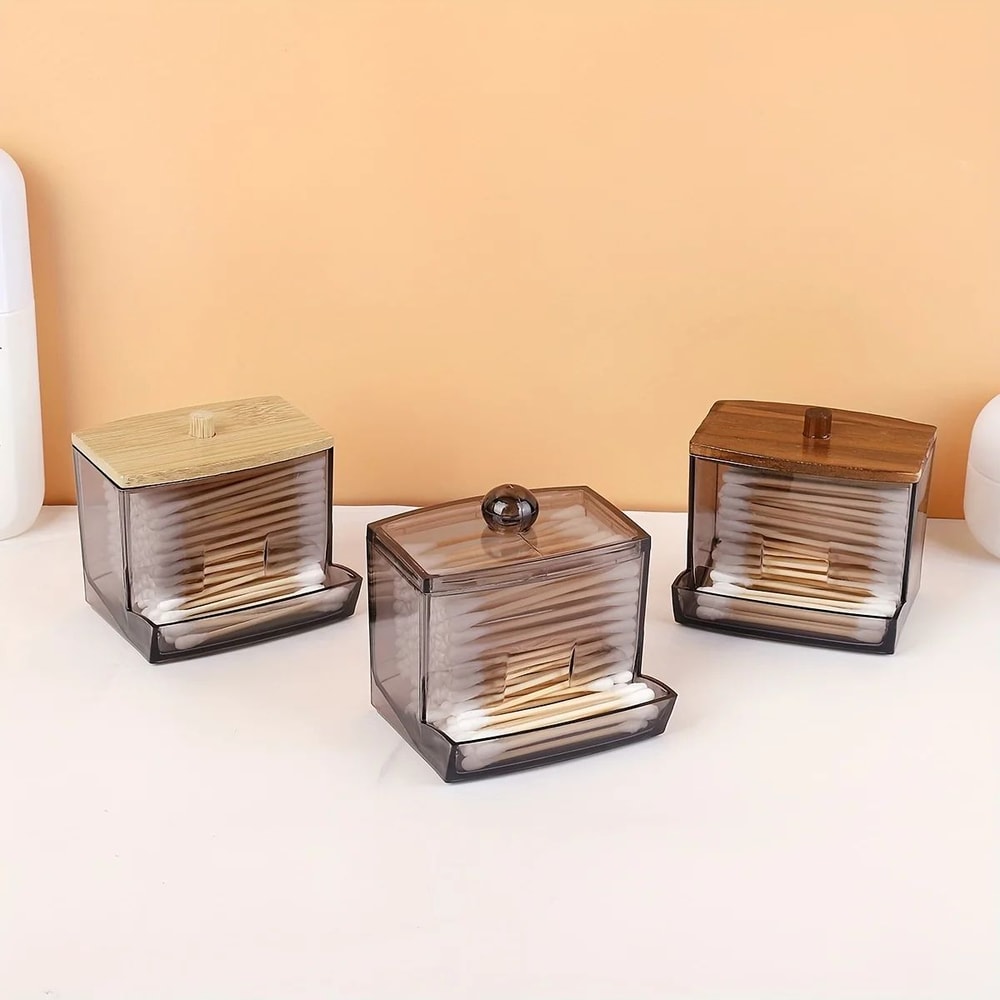 Clear Acrylic Cotton Swab Holder With Bamboo Lid Bathroom QTip Dispenser Canister 1