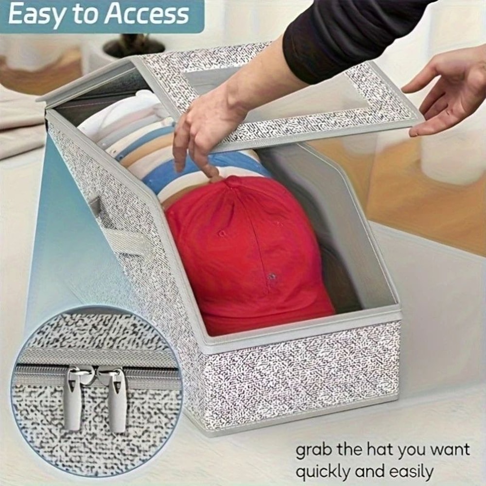 DustProof Foldable Baseball Cap Storage Box Stackable Fabric Hat Organizer With Zipper 4
