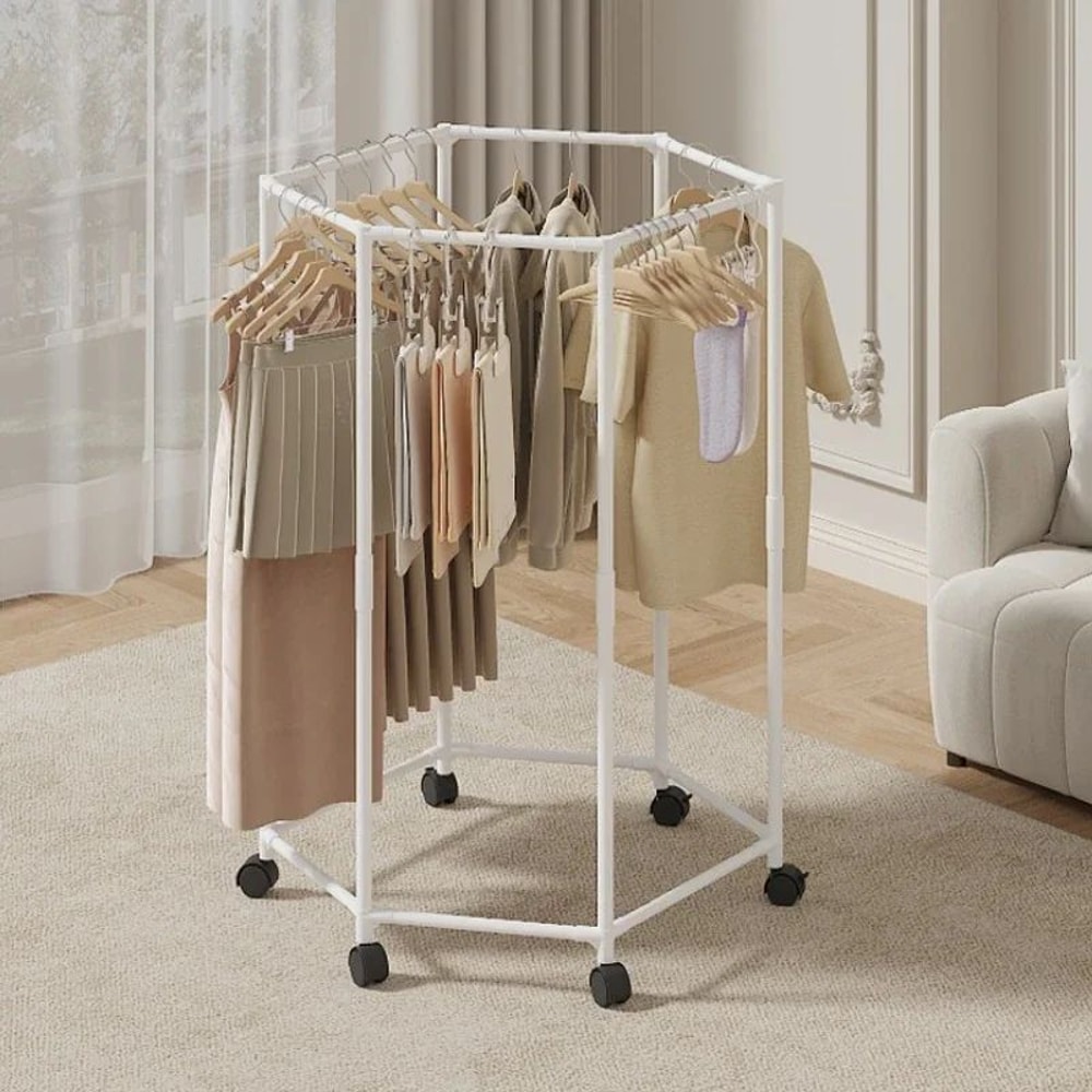 Hexagon Rotating Floor Clothes Rack 360 Movable Garment Organizer Hat Stand 0