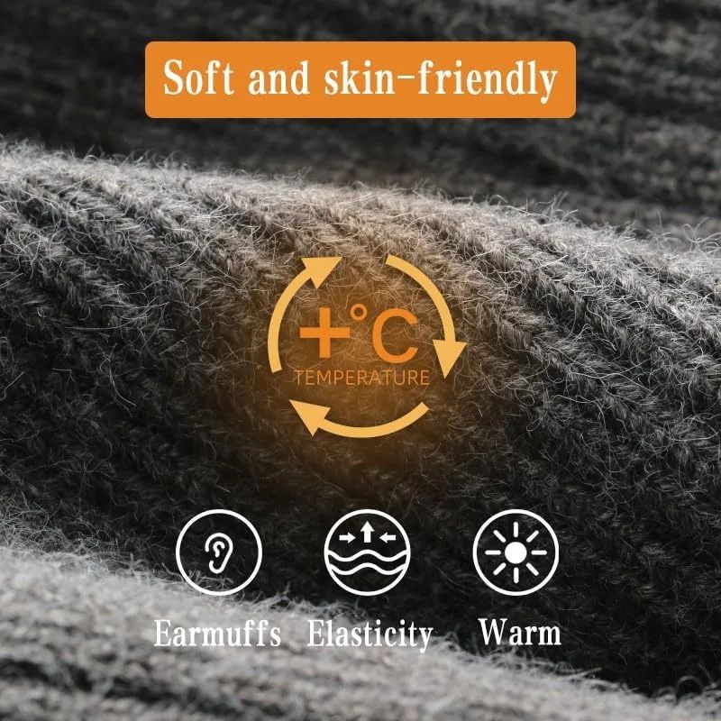 Mens Winter Knitted Peaked Hat Plush Faux Fur Lined Bomber Cap With Ear Protection 4